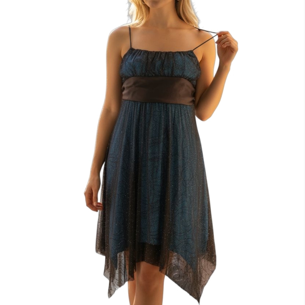 Vintage Y2K Blue Micro Mesh Overlay Whimsy Goth Asymmetrical Party Dress 8